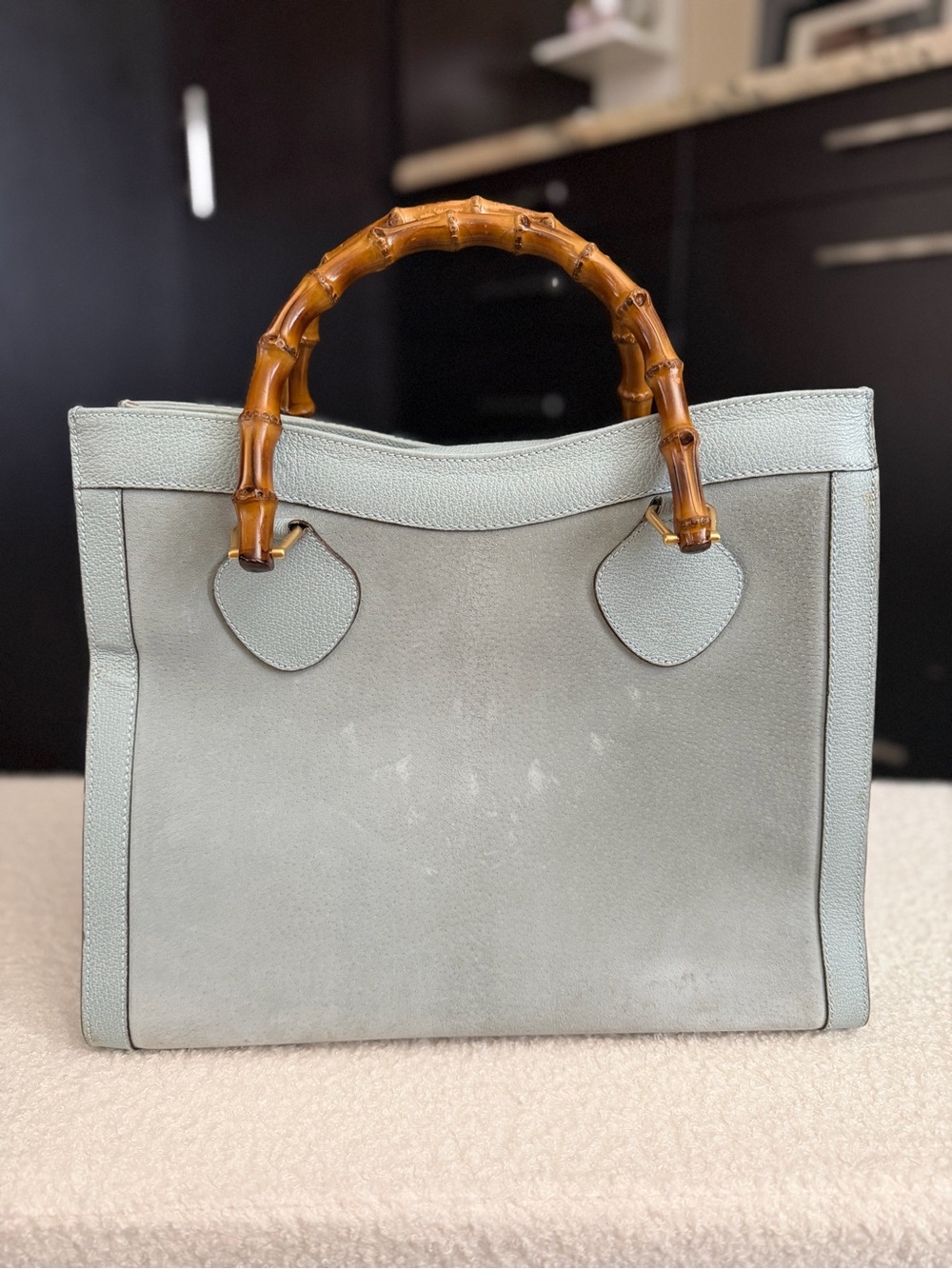 Gucci Pale Blue Leather Tote with Bamboo Handles